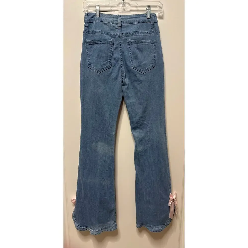 Rowme Kawaii Bow Detail Split Hem Flare Leg Jeans XS 2 Denim pink bows